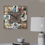 Photo Collage 16 Picture Brown Wood Numbered Square Wall Clock<br><div class="desc">Photo wall clock with 16 of your favourite photos. The design has a rustic brown wood look background and stylish clock face with modern numbers. The photo template is ready for you to upload your photos, which are displayed in 2x portrait, 2x landscape and 12x square / instagram picture format....</div>