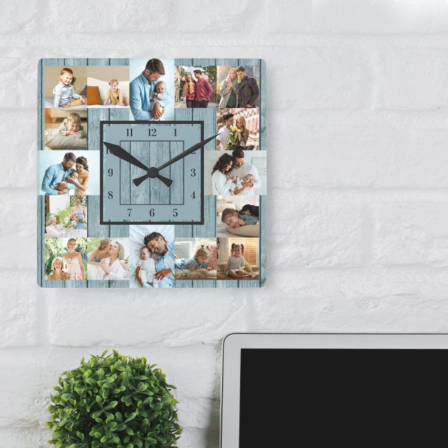 Photo Collage 16 Picture Coastal Blue Wood Square Wall Clock (Coastal blue wood effect clock 16 of your photos and the numbers framed in a square)
