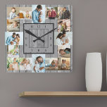 Photo Collage 16 Picture Grey Wood Numbered Square Wall Clock<br><div class="desc">Photo wall clock with 16 of your favourite photos. The design has a rustic grey, wood look background and stylish clock face with modern numbers. The photo template is ready for you to upload your photos, which are displayed in 2x portrait, 2x landscape and 12x square / instagram picture format....</div>