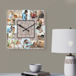 Photo Collage 16 Picture Light Wood Numbered Square Wall Clock<br><div class="desc">Photo wall clock with 16 of your favourite photos. The design has a rustic light brown wood look background and stylish clock face with modern numbers. The photo template is ready for you to upload your photos, which are displayed in 2x portrait, 2x landscape and 12x square / instagram picture...</div>