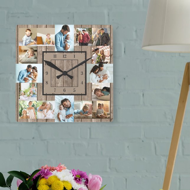 Photo Collage 16 Picture Rustic Wood Numbered Square Wall Clock (Designer photo clock with photo collage of square, landscape and vertical pictures)