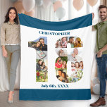 Photo Collage 18th Birthday Blue White Picture Fleece Blanket<br><div class="desc">Custom Picture Blanket with 12 of your favourite photos. This stylish photo collage is in the shape of the number 18 on a white background with ocean blue borders. The blanket can also be personalised with the name and birth date of your choice. The template is set up ready for...</div>