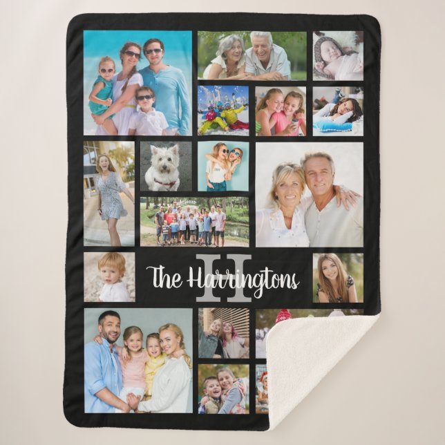 Photo Collage 19 Photos Script Name Monogram Sherpa Blanket (Front)