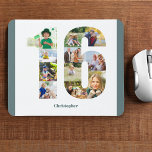 Photo Collage 1th Birthday Number 16 Personalised Mouse Pad<br><div class="desc">Create your own personalised mouse pad for a unique 16th birthday gift. The number 16 photo collage is on a white background with tranquil teal (blue green grey) borders. The design includes up to 11 different photographs - in different shapes and sizes - to give you the plenty of flexibility...</div>