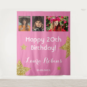 Photo Collage 20th Birthday Party Gold Backdrop Tapestry