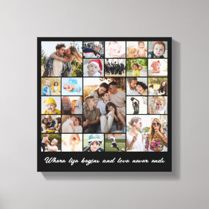 Photo Collage 25 Picture Grid Custom Square Black Canvas Print