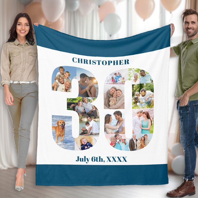 Photo Collage 30th Birthday Blue White Picture Fleece Blanket (Creator Uploaded)