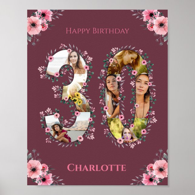 Photo Collage 30th Birthday Girl Pink Flower Woman Poster (Front)