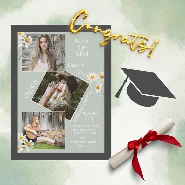 Photo Collage 3 Personalised Daisy Graduation Announcement (Creator Uploaded)