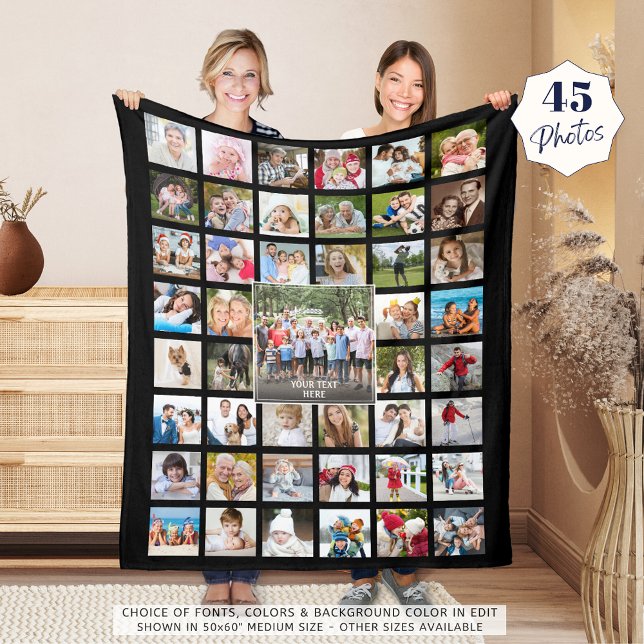 Photo Collage 45 Photo Template Personalised Black Fleece Blanket (Creator Uploaded)
