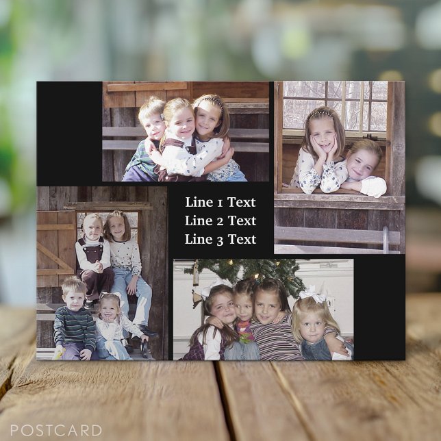 Photo Collage - 4 photos Basic Black & White Text Postcard (Custom Personalized Photo Collage Postcard)