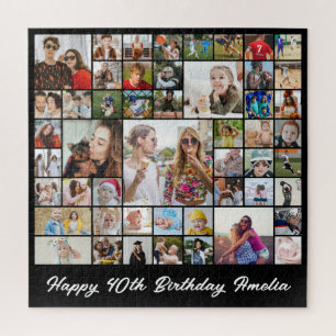 Photo Collage 50 Picture Grid Custom Square Black Jigsaw Puzzle