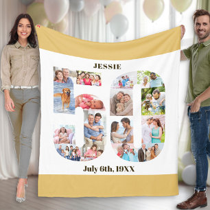 Photo Collage 50th Birthday Beige White Picture Fleece Blanket
