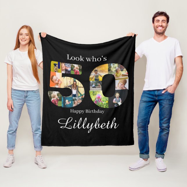 Photo Collage 50th Birthday Fleece Blanket (In Situ)