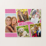 Photo Collage - 5 Pictures and Your Name - Pink Jigsaw Puzzle<br><div class="desc">Personalised jigsaw puzzle - add 5 of your favourite photos and your name. The design features a photo collage of 5 pictures, each with a white frame. The photos are on a pink background and your name is lettered in neat script typography. Lovely birthday gift for a girl - aged...</div>