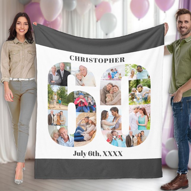 Photo Collage 60th Birthday Grey White Picture Fleece Blanket (Creator Uploaded)