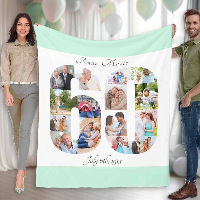 Photo Collage 60th Birthday Mint White Picture Fleece Blanket (Creator Uploaded)