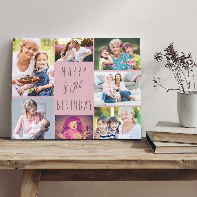 Photo Collage 7 Picture Pink Grey 80th Birthday Canvas Print (Creator Uploaded)