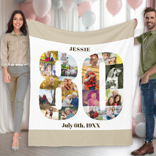 Photo Collage 80th Birthday Neutral Beige Picture Fleece Blanket