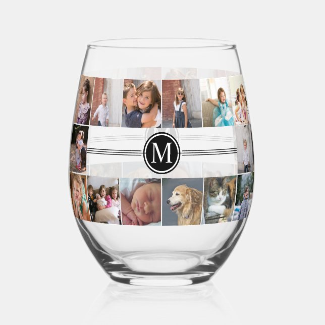 Photo collage and monogram DIY Stemless Wine Glass (Front)