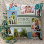Photo Collage and Quote for Grandparents - Green Cushion<br><div class="desc">Stylish throw pillow with custom photo collage and quote for grandparents. The design is printed on both sides of the pillow and features 8 of your own photographs. The quote is hand lettered and reads "Grandkids make life grand". The photo template is set up for you to add your pictures...</div>