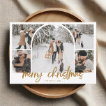 Photo Collage Arch Merry Christmas Fancy Script Holiday Card<br><div class="desc">Spread the magic of the holidays with our custom Christmas card, beautifully designed to showcase your memories. The front features a striking collage of five photos, centred around a distinctive arch-shaped image, creating a unique focal point. Below, the festive greeting 'Merry Christmas' is elegantly written in a modern, fancy script,...</div>