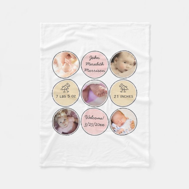 Photo Collage Baby Girl Name, birth stats and duck Fleece Blanket (Front)