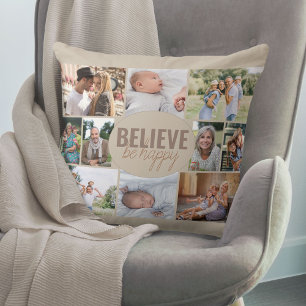 Photo Collage Believe Be Happy Quote Neutral Beige Cushion