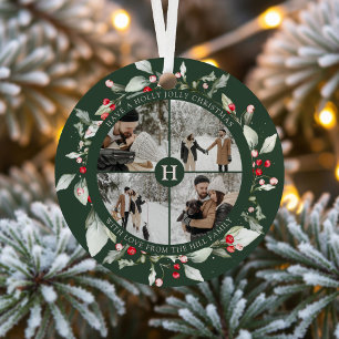 Photo Collage Berry Jolly Christmas Green Metal Tree Decoration
