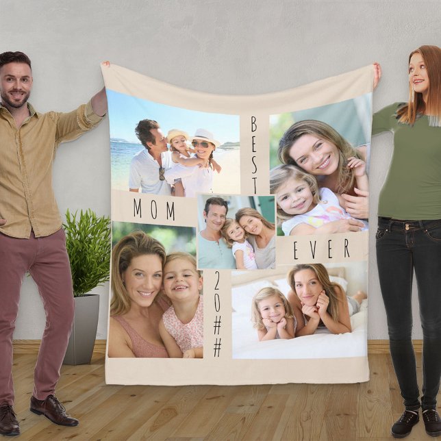 Photo Collage Best Mum Ever Neutral Beige Fleece Blanket (Creator Uploaded)