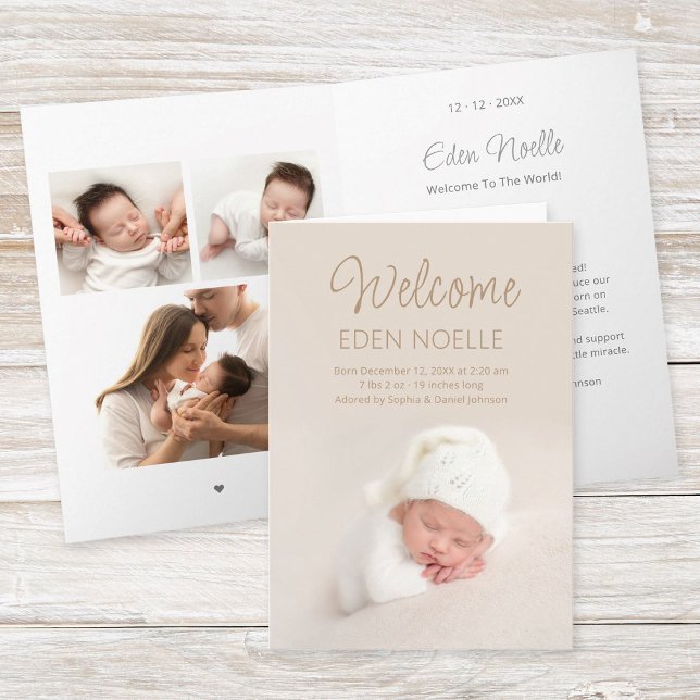 Photo Collage Birth Announcement  Folded Card (Brown elegant script, folded baby birth announcement card with 3 photo collage and gray tex inside. )