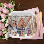 Photo collage birthday party paper plate<br><div class="desc">Create your own unique photo collage. Use four,  4 of your favourite photos. Personalise and add a name. White background,  black text. Text overlay.</div>
