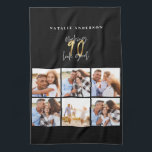 Photo collage black and gold 90th birthday  tea towel<br><div class="desc">Photo collage black and gold 90th birthday modern typography design.</div>