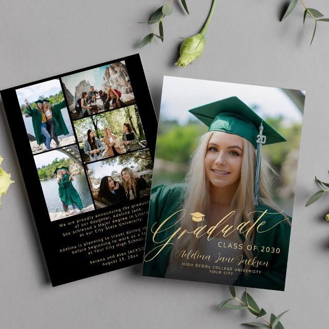 Photo collage black gold class of 2025 graduation announcement (Creator Uploaded)