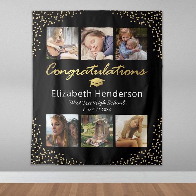 Photo Collage Black Gold Graduation Backdrop Tapestry (Creator Uploaded)