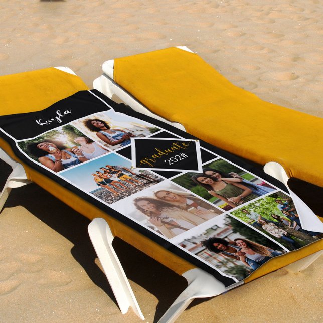 Photo Collage Black Gold Personalised Graduation Beach Towel (Creator Uploaded)