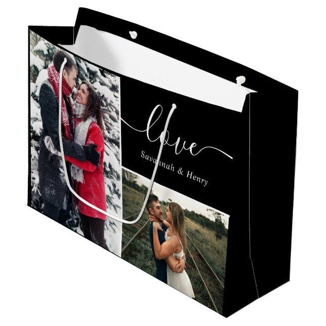 Photo Collage Black Love Script Large Gift Bag (Front Angled)