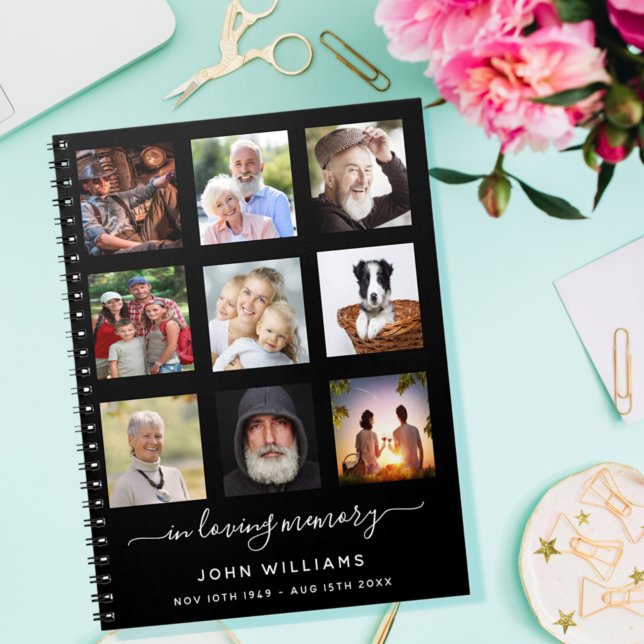 Photo collage black memorial funeral guestbook notebook (Creator Uploaded)