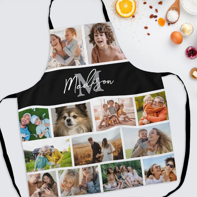 Photo Collage Black Monogram Apron (Creator Uploaded)