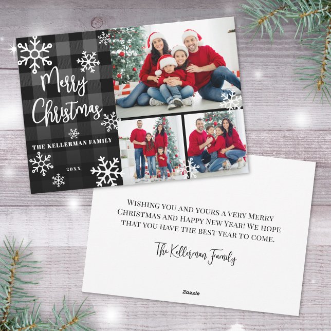 Photo Collage Black Plaid Merry Christmas Holiday Card (Photo Collage Black Plaid Merry Christmas Holiday Card)