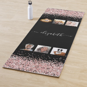 Photo collage black rose gold glitter name yoga mat