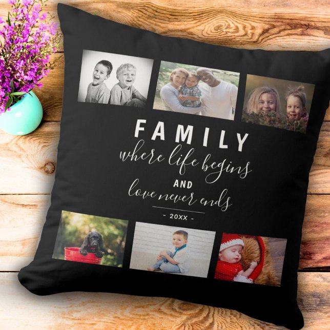 Photo Collage Black Script Family Keepsake Saying Cushion (Creator Uploaded)