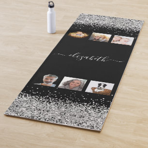 Photo collage black silver glitter name yoga mat