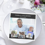 Photo collage black white birthday party napkin<br><div class="desc">Create your own unique photo collage. Use four,  4 of your favourite photos. Personalise and add a name,  age,  date. A stylish black background. White text.</div>