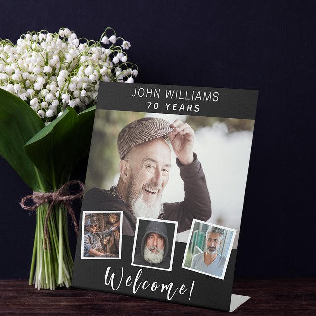 Photo collage black white birthday party welcome pedestal sign (Creator Uploaded)