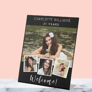 Photo collage black white birthday party welcome pedestal sign