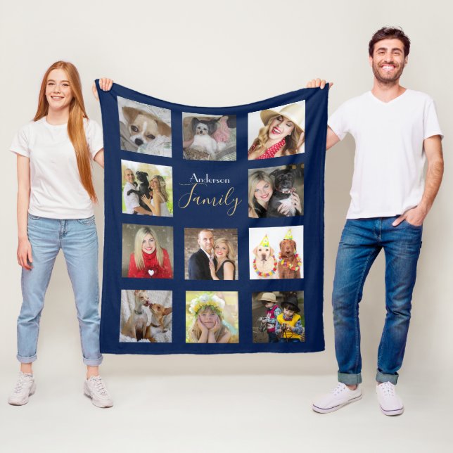 Photo Collage Blanket Navy Blue with Name (In Situ)