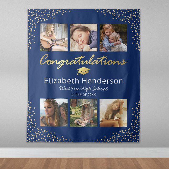 Photo Collage Blue Gold Graduation Backdrop Tapestry (Creator Uploaded)