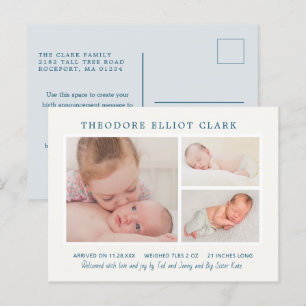 Photo Collage Blue Handsome Boy Birth Announcement Postcard