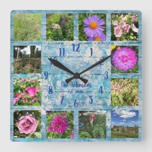 Photo Collage Blue Shabby Chic Wood Square Wall Clock